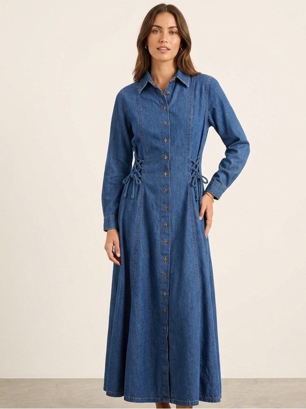 Vintage Forenza Long-Sleeve Denim Modest Maxi Dress with Side Lace-Up Size Small